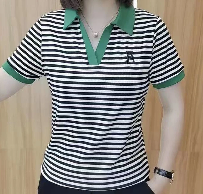 

Polo T Shirt for Women Turn-down Collar Summer New Loose Tees Letter Striped Printing Fashion Casual Short Sleeve Female Tops
