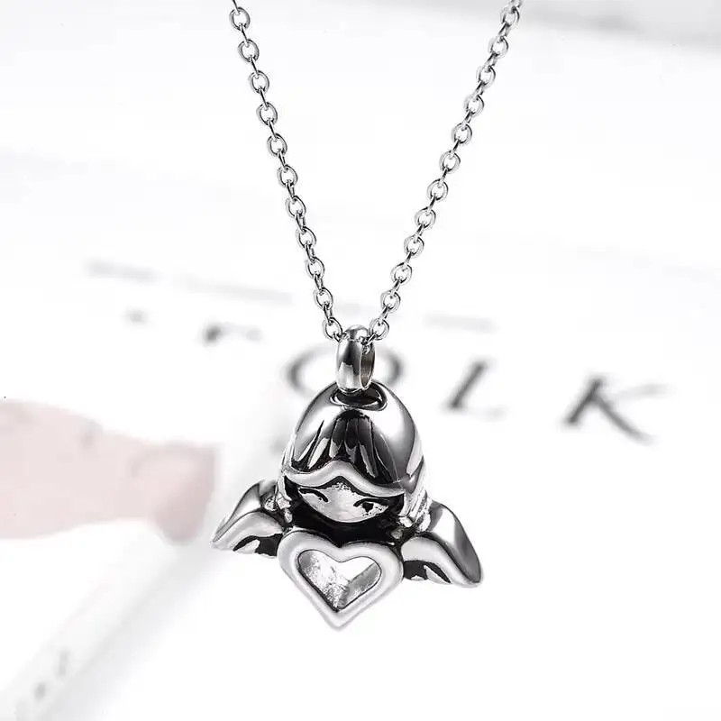 Stainless Steel Angel Cremation Heart Urn Necklace for Ashes Stainless Steel Keepsake Pendant Memory Jewelry