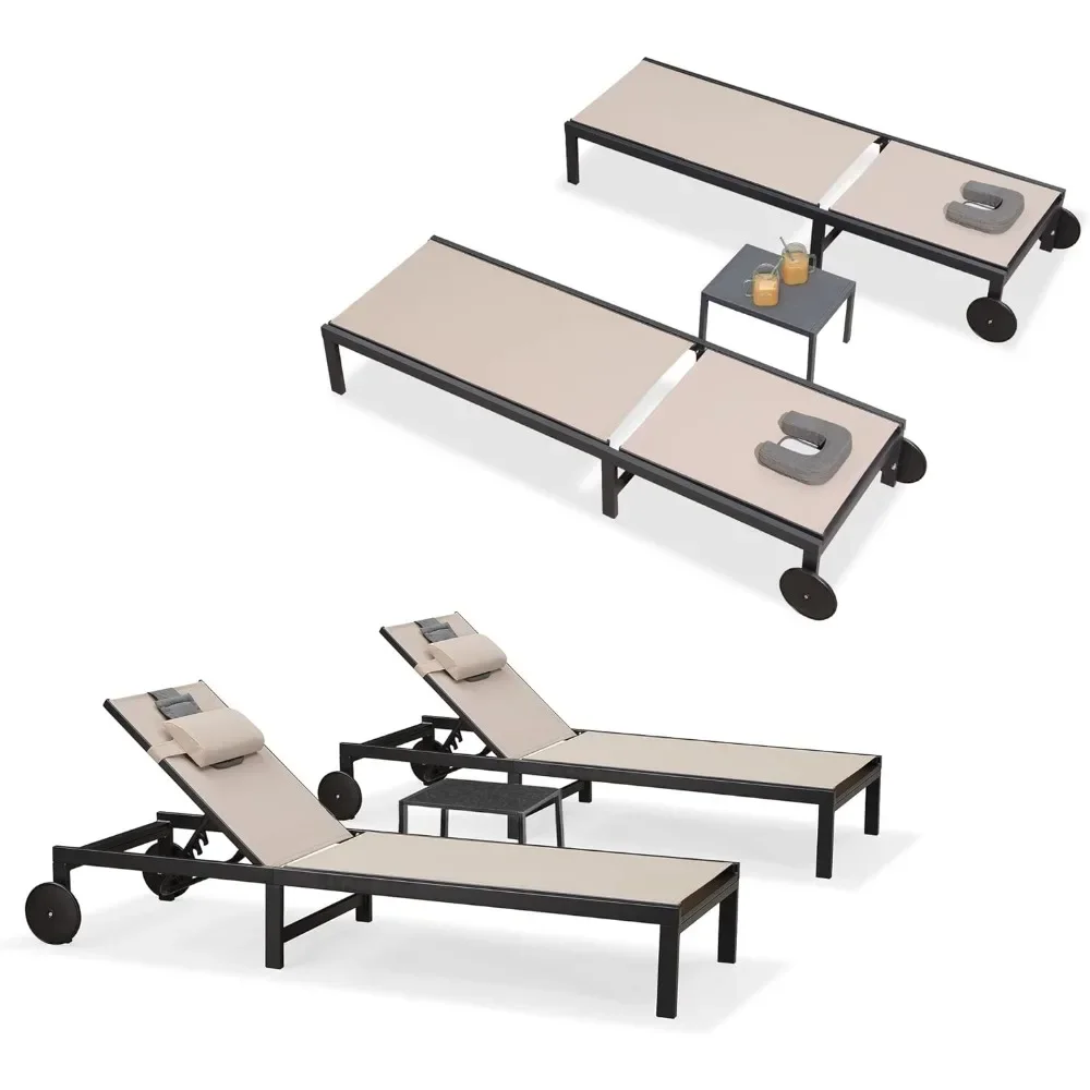 

Outdoor Tanning Lounge Chair Set with Face Hole Aluminum Adjustable Chairs Wheels Pillows and Table for Poolside