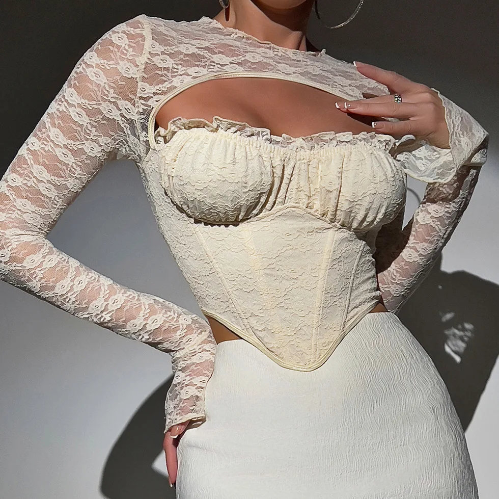 

Sexy Lace Mesh Long Sleeve Tops Woman Bustier Corset Summer Slim Tank Top Fashion Clothes T-shirt Female Elegant Hollow Camisole