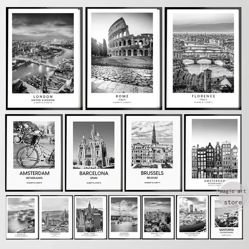 Florence Italy  Rome Travel Landmarks Art  Colosseum Black and White Canvas Wall Prints  Home Decor Poster