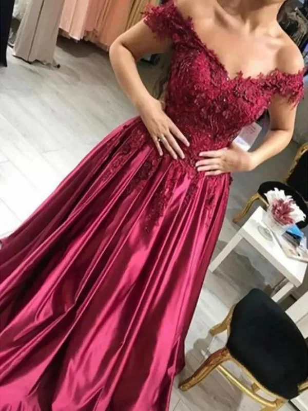 2024 New Off the Shoulder Evening Dress Appliques Burgundy Sweet Satin Prom Dress Beading Lace Celebrity Dress