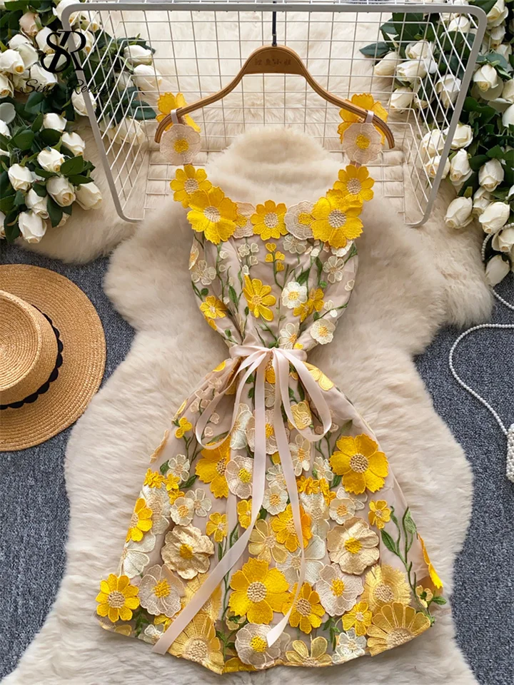 SINGREINY 3D Flowers Embroidery Short Dress Women Bandage