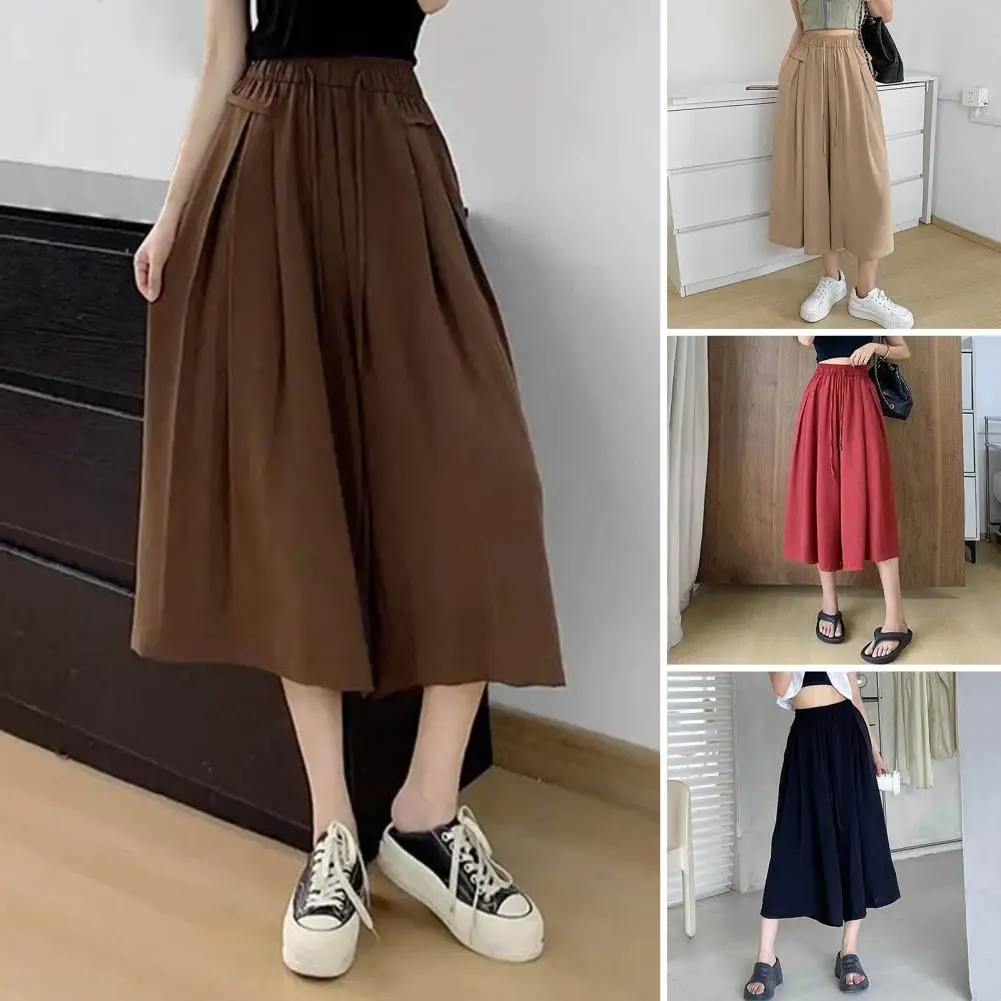 Pantalones de falda con dobladillo grande para mujer, Pantalones plisados de gasa, Pantalones de cintura alta, Pantalones de pierna ancha informales Hakama, verano, nuevo estilo coreano