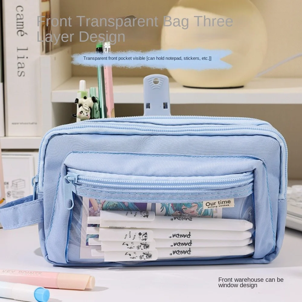 

Large Capacity Stationery Storage Bag Zipper Double-layer Students Stationery Pouch Multifunctional Transparent Compartment