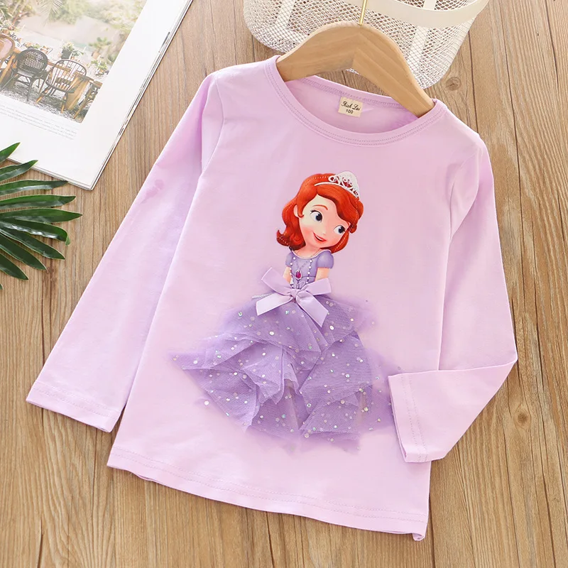 T-shirt de manga comprida infantil, T-shirt de algodão de qualidade, Sofia, Frozen, Elsa, Roupa Infantil, Ariel, Novo