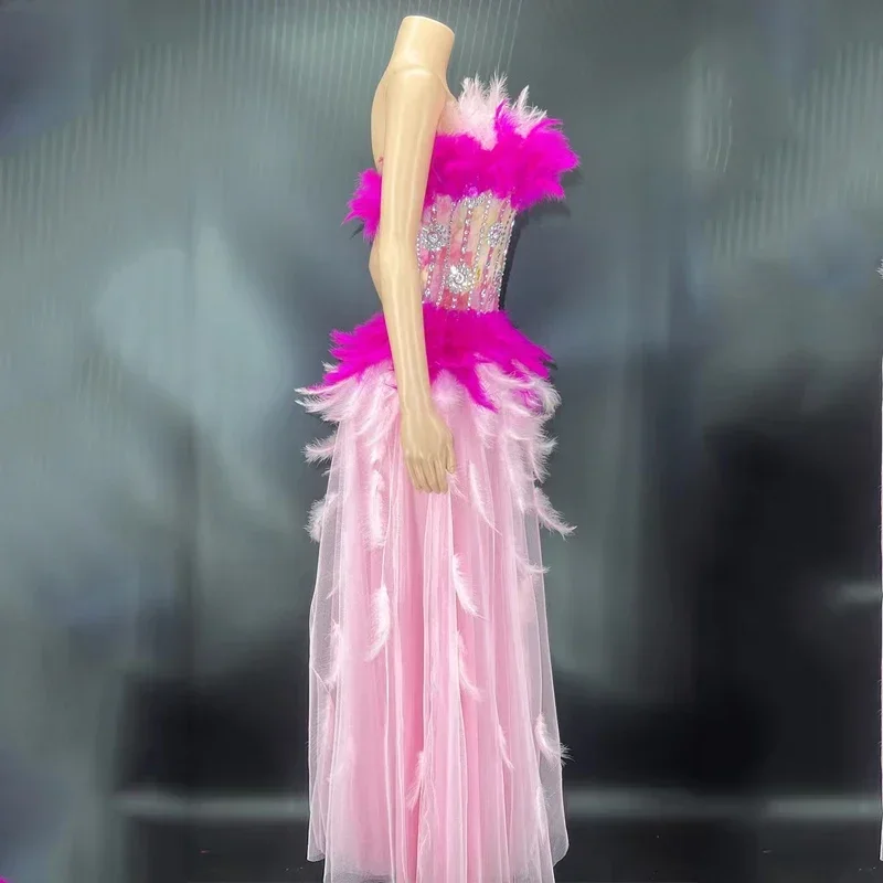 Shiny Rhinestones Mesh Body Sculpting Waist Dress Sexy Pink Feather Evening Dress Women Birthday Celebrate Costumes XS4185