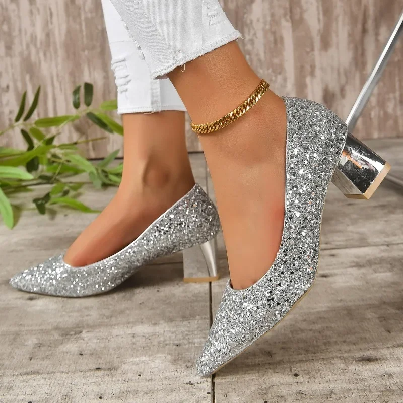 2023 Spring Autumn New Fashion Large Heel Single Shoes Wearing Sequin Face Pointed Toe Comfortable Shallow Mouth Shoes for Women