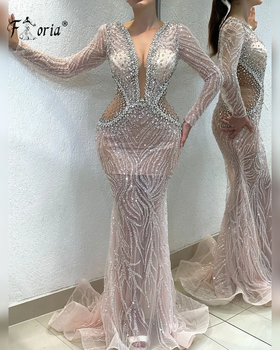 Luxury Long Sleeves Dubai Woman Evening Dresses Crystal Beadings See Through Waist Celebrity Party Dress Wedding Gowns 2024