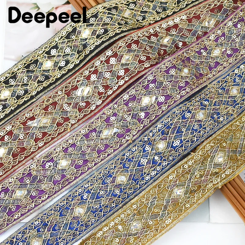 

2/5Yards Deepeel 43mm Ethnic Embroidery Lace Ribbon Sequins Trimming Dress Garment Decoration Sewing Fabric Material Accessories