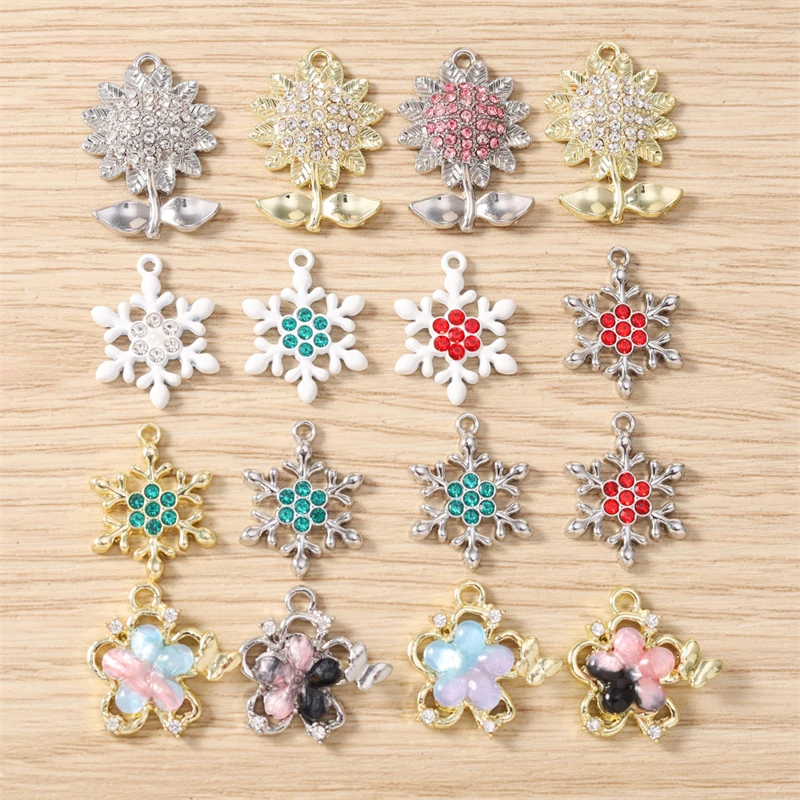 5 Stück niedliche, bunte Kristall-Metall-Weihnachts-Schneeflocken-Blumen-Anhänger für die Schmuckherstellung, Halsketten, Ohrringe, DIY-Bastelgeschenk – Detail 1
