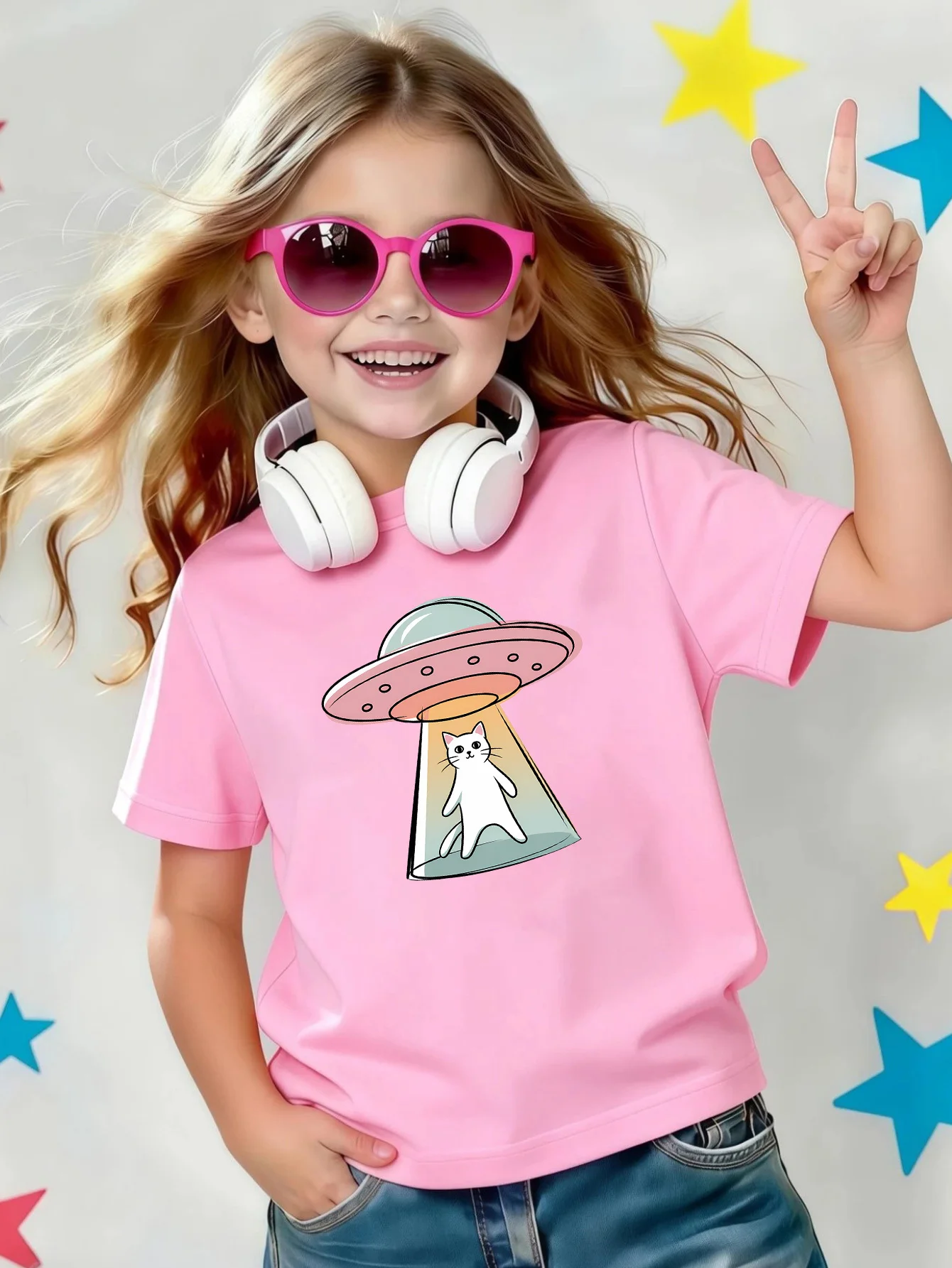 Cartoon UFO White Cat Alien Abduction Print Kid T Shirt Boy Girl Cotton Short Sleeve Parent Child Trendy Summer Casual Basic Tee