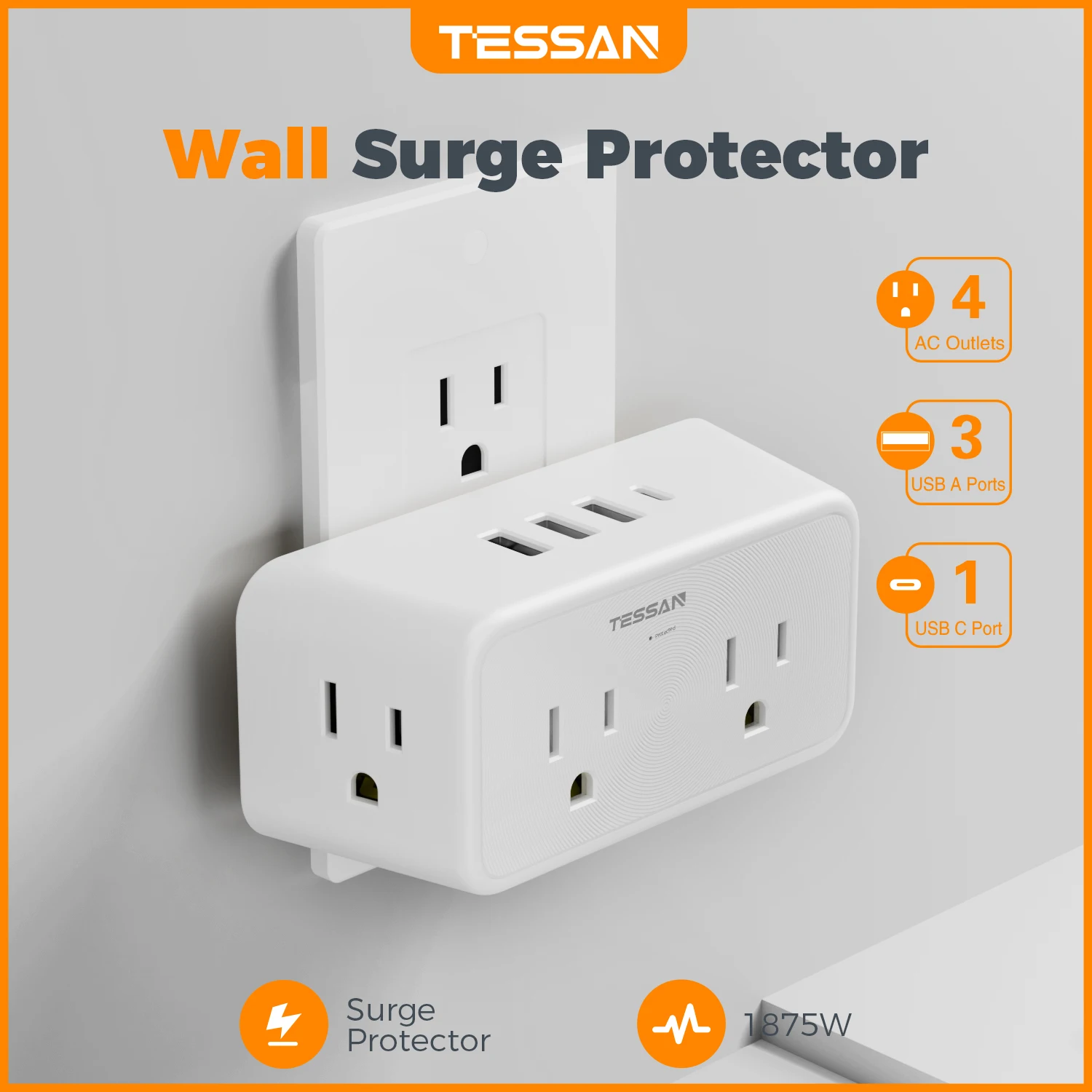 Multi Plug Outlet Splitter TESSAN Surge Protector 4 Electrical Outlet Extender with 4 USB Blocks(1 Type C)M Plug Wall Expander