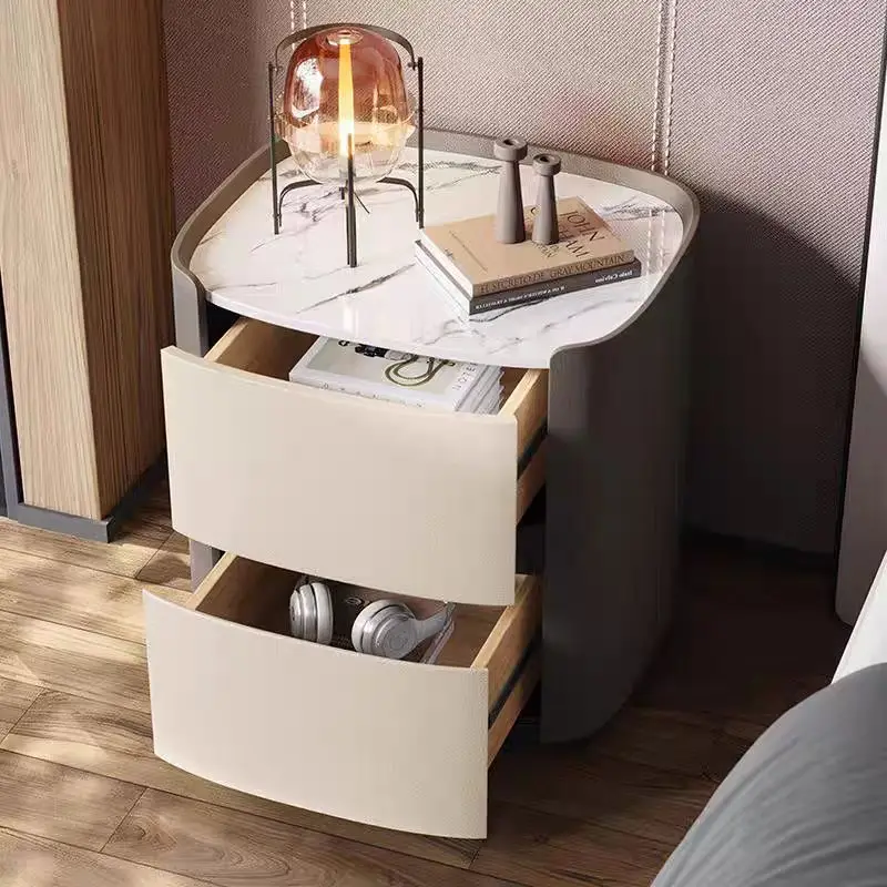 Nordic Style Elliptical Wooden Nightstand with 2 Drawers Modern Bedside Table Creative Side Storage Cabinet for Bedroom