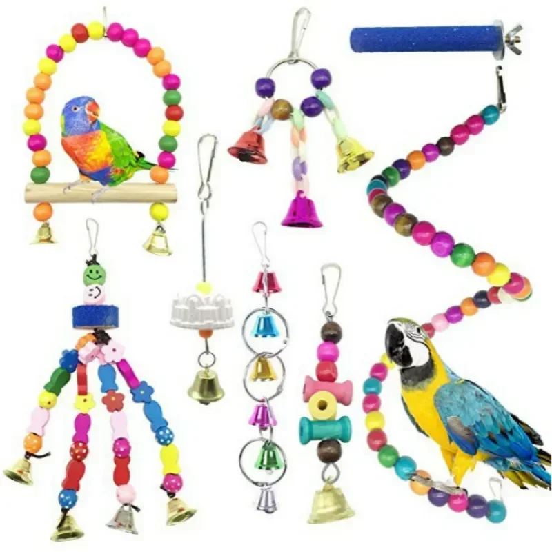 A Parrot Bite Toy Pet Bird Swing Bell String Wooden Beads Rotating Ladder Mo Sha Rod 8-Piece Set