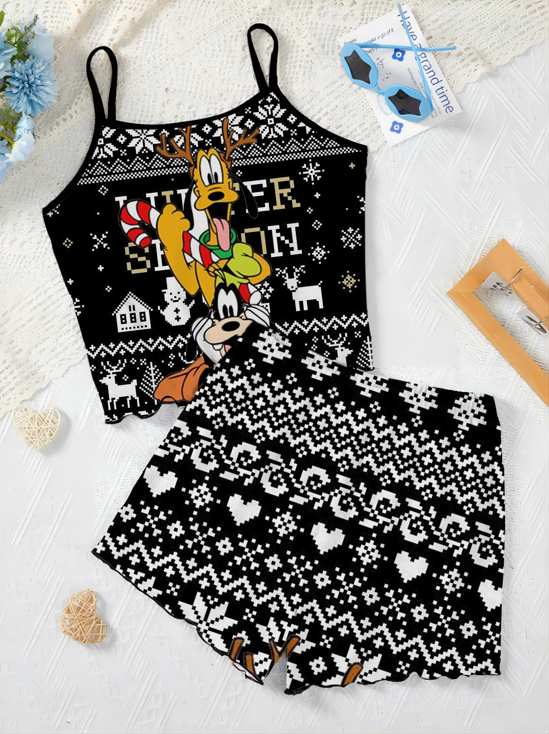 Vestido para casa de Minnie Mouse, conjunto elegante con ribete de lechuga para mujer, camiseta superior de 2 piezas, falda de pijama de Mickey Christmas Disney