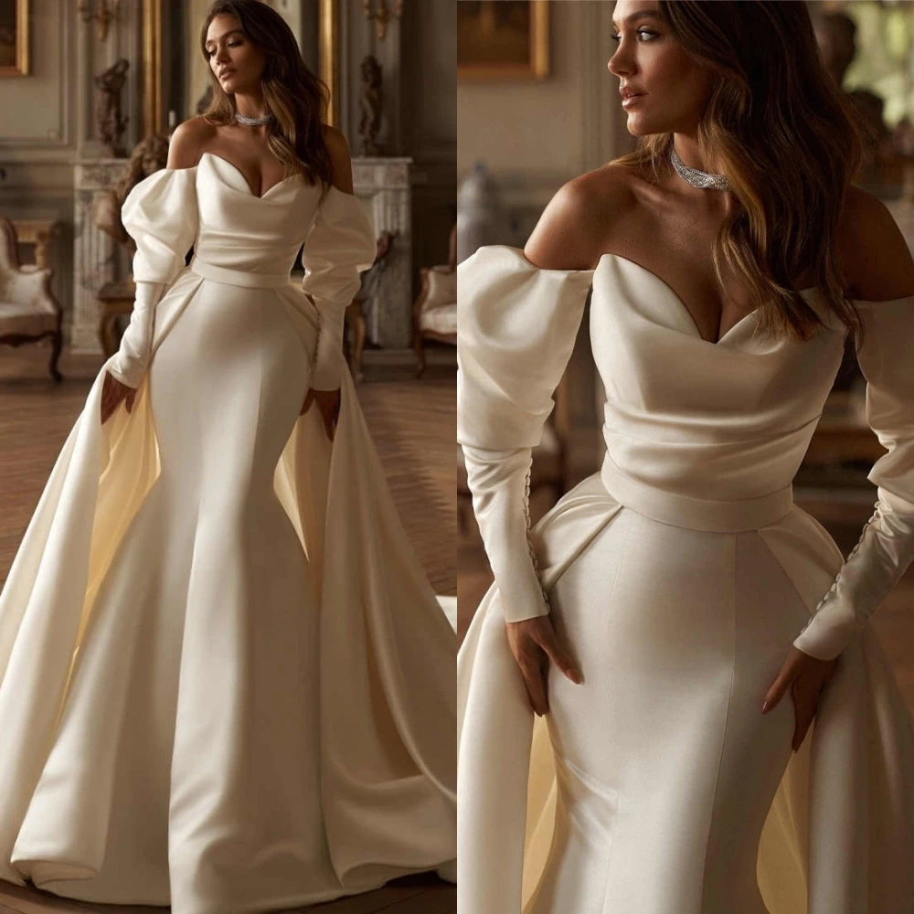

Customized Elegant Exquisite Sexy Luxury Temperament Charming Romantic Modern Wedding Dresses White Satin Wedding Party Dresses