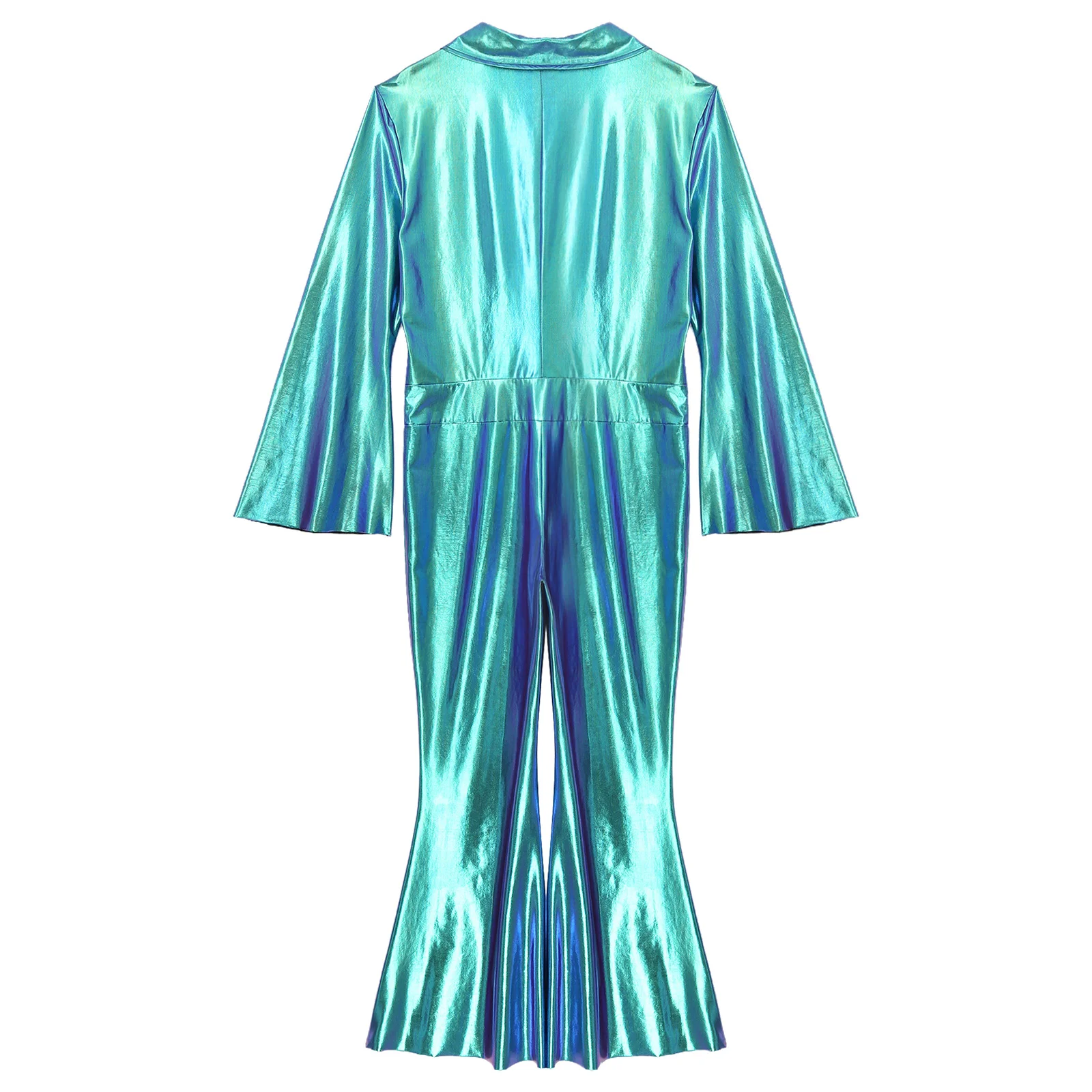 Men's 70s Disco Costume Metallic Unitard Zentai Front Zipper Bodysuit One Piece Jumpsuits Flare Sleeve Hippie Romper Roleplay