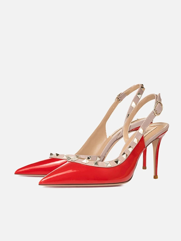 

High heels women's 2025 new nude patent leather rivet high heels side empty temperament leather pointed light mouth sandals