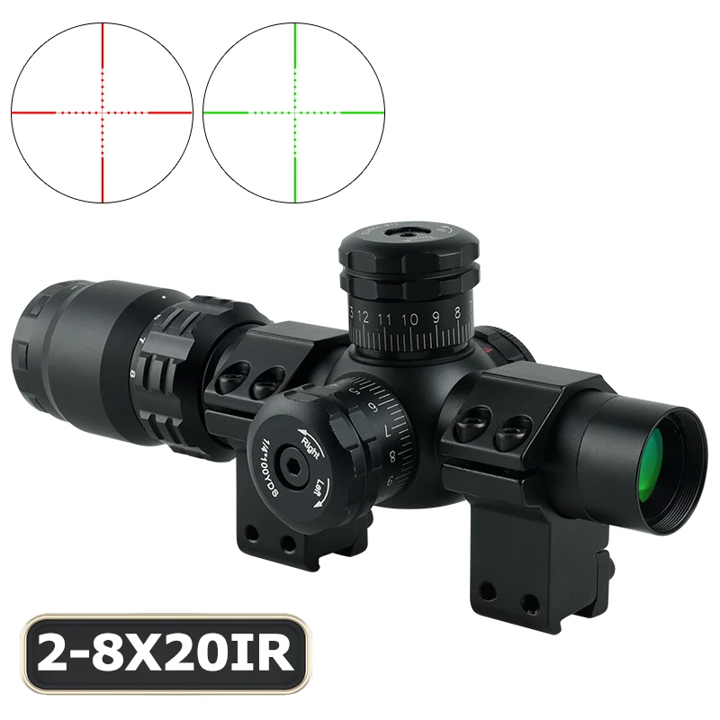 

2-8x20IR Hunting Cross Riflescope Tactical Red Green Reticle Aiming Scope Optics Reflex Adjustable Airsoft Sight 11mm/20mm Rail