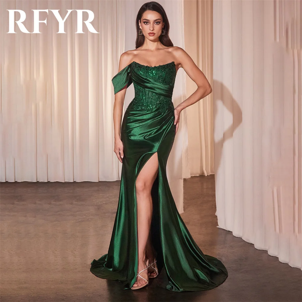 

RFYR Green Evening Dresses for Party Satin One Shoulder Pleats Long Mermaid Prom Gowns Appliques Celebrity Dresses Customized