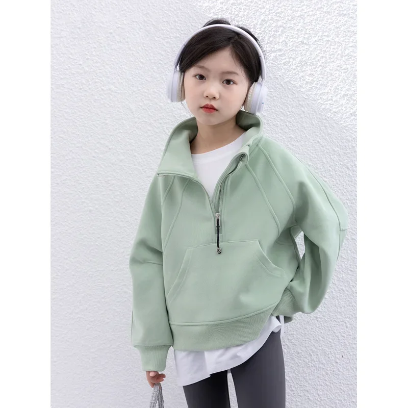 Girl Stand Collar Sweater Loose Coat Autumn New Korean Children Clothing Fashion Easy Zipper Motion Tops Solid 2024 Sporty