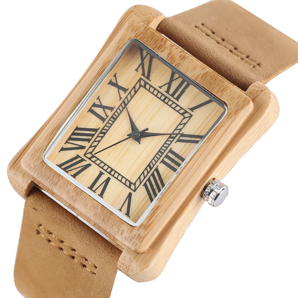 Special Watch Men Nature Log Wooden Rectangle Quartz Wristwatches Modern Genuine Leather Strap Wood Casual Bamboo Women Clock