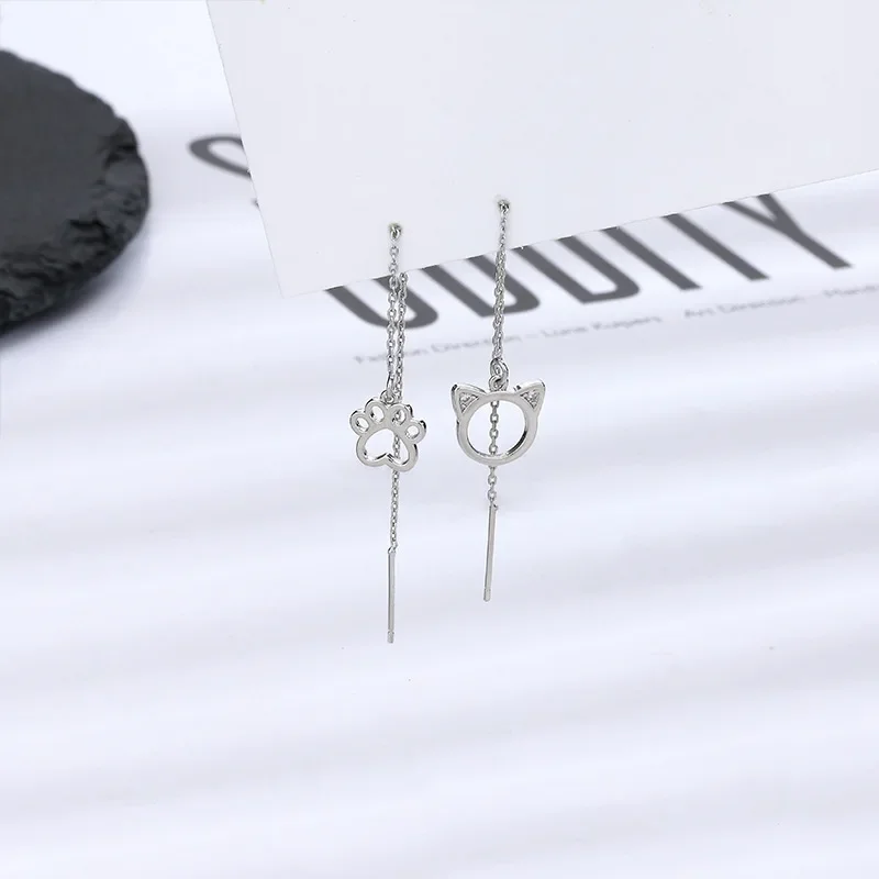 New Cute Hollow Cat Drop Earrings For Women Cat Paw Asymmetry Tassel Long Earline Korean Fashion Silver Color Ear Jewelry