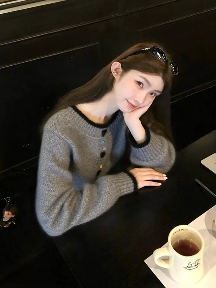 Maglieria coreana Sle abbottonata lunga Sve Maglieria da donna Autunno Inverno Faionable Color Blo Maglione morbido vestibilità ampia rotondo Ne