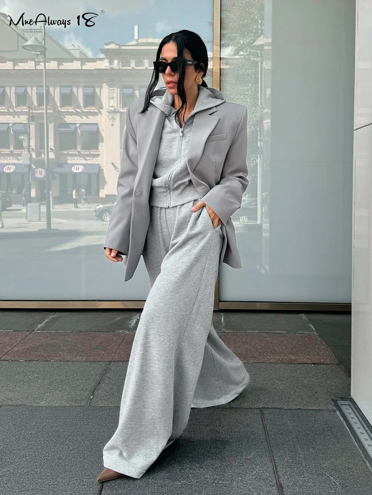 Mnealways18 Gray Sporty Women Pants Sets Two Pieces Zipper Sweatshirt And Wide Leg Sweatpants Outfits Autumn Winter Casual Suits