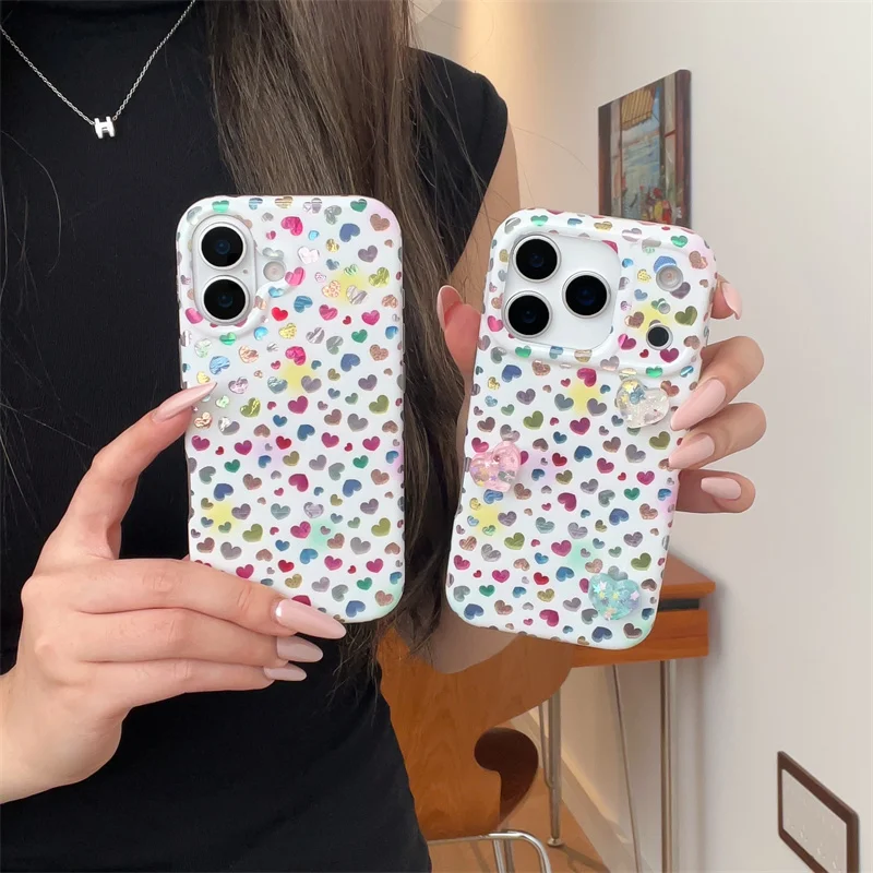 

Korean Colorful Little Love Heart Phone Case For iPhone 17 Pro 14 15 16 Pro Max Cover Shockproof Protective Cases For Girls