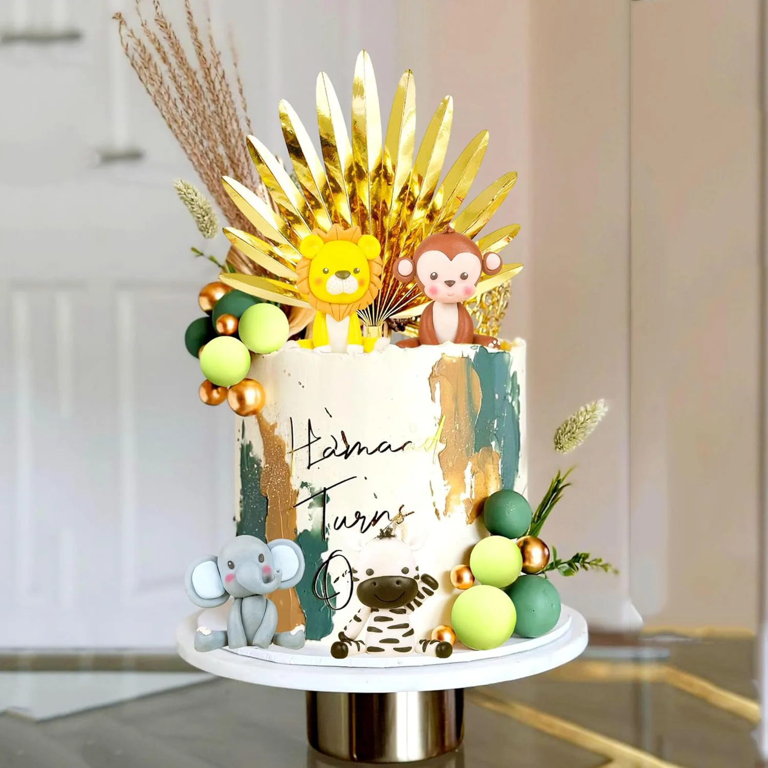 19pcs Elephant Lion Monkey Zebra Cake Topper Green Gold Cake topper Balls for Jungle Theme Birthday Party Baby Shower Decoration - view 2
