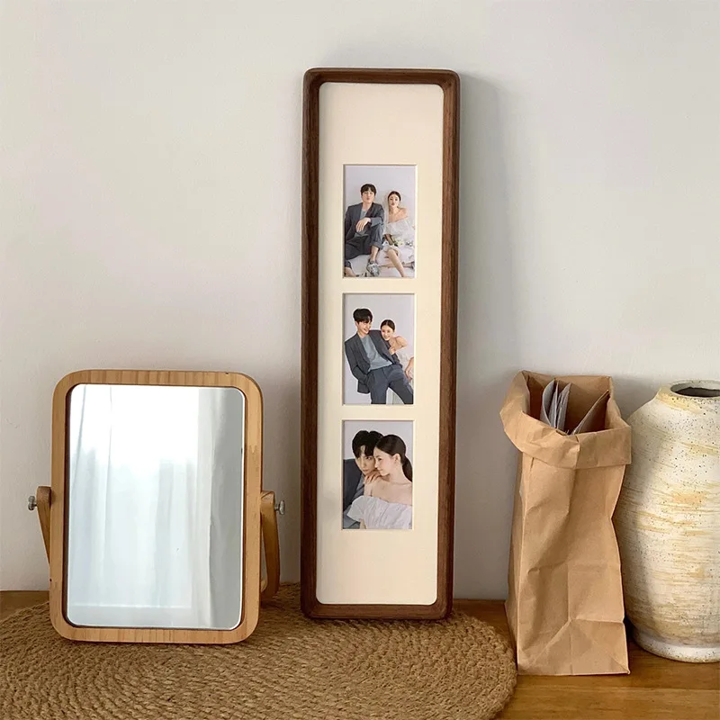Long Solid Wood Photo Frame Creative Multi-Grid Three-Panel Wedding Couple Picture Frame for Tabletop or Wall Display Home Décor