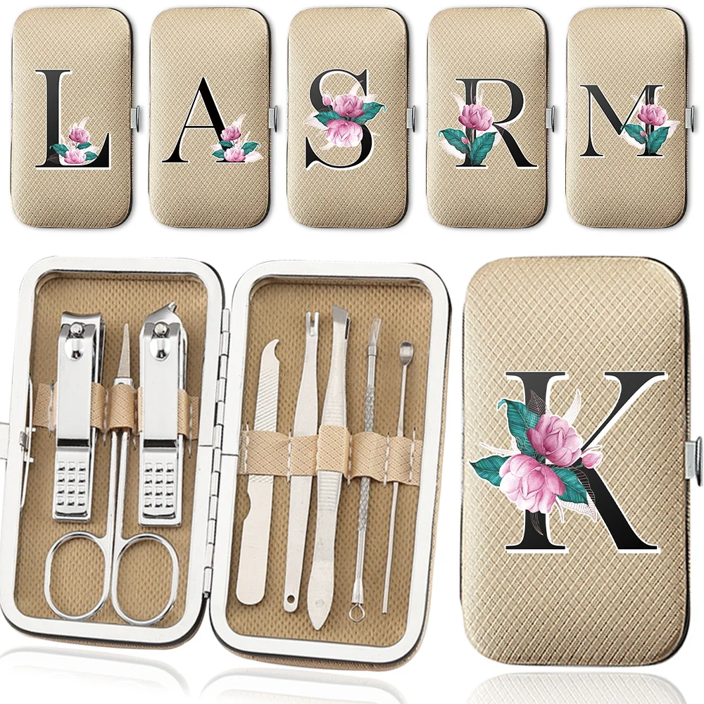 8pcs Nail Clipper Set Bag Organizer Case Women Manicure Beauty Tool For Travel Initial Name Whitemarble 26 Letters Pattern