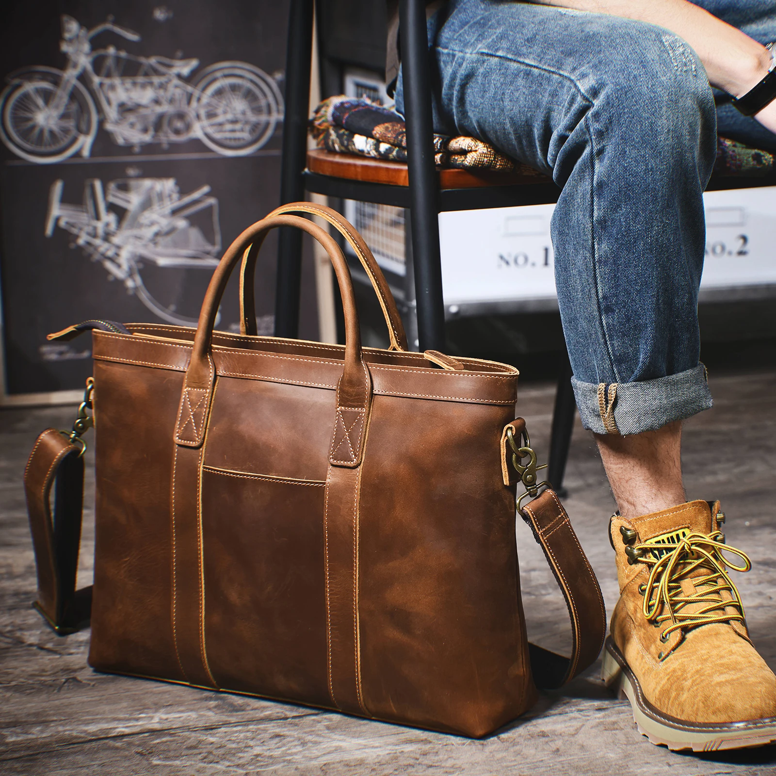 Vintage Echtleder Herren-Aktentasche 16 Zoll Laptop-Taschen Crazy Horse Leder Messenger-Handtasche Rindsleder Geschenkidee für Männer – Detail 2