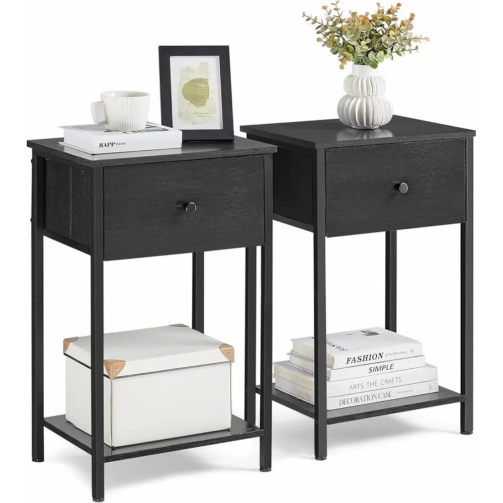 

Pair of 24-Inch Tall Fabric-Upholstered Side Tables with Storage Shelf for Bedroom in Black