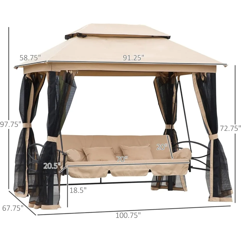 Outdoor Swing 3-Seat with Double Tier Canopy, Mesh Sidewalls, Cushioned Seat, and Pillows, Outdoor Swing