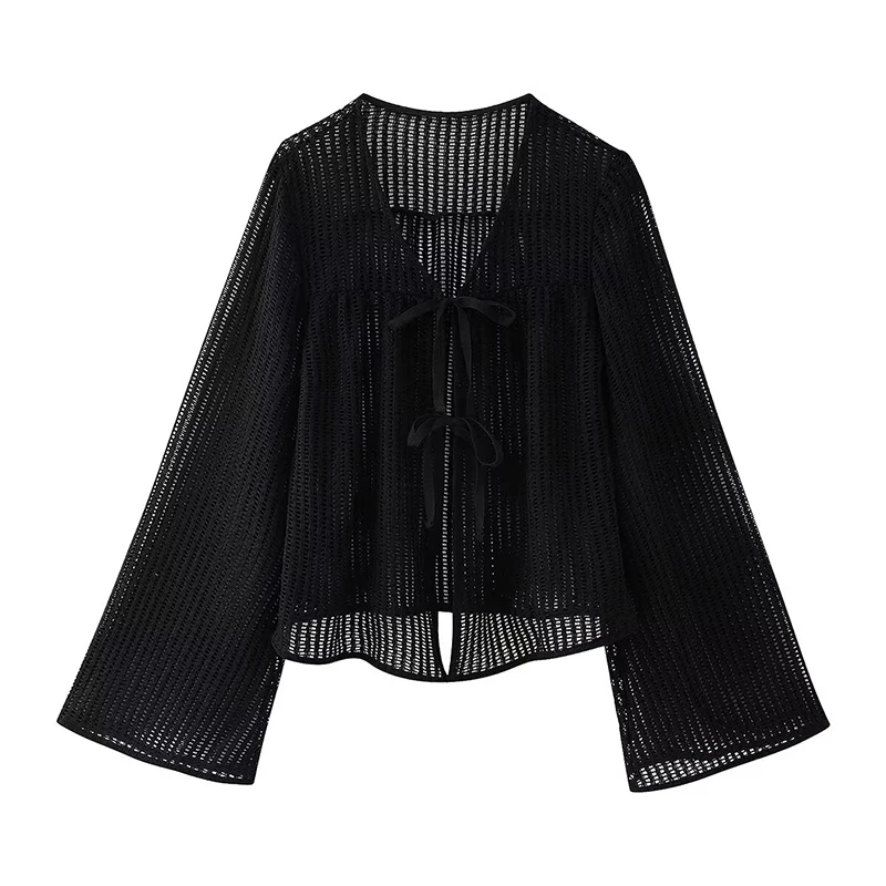 YENKYE New Fashion Women Sexy Hollow Out Lace Up  Knit Cardigan Flare Long Sleeve V Neck Female Summer Tops