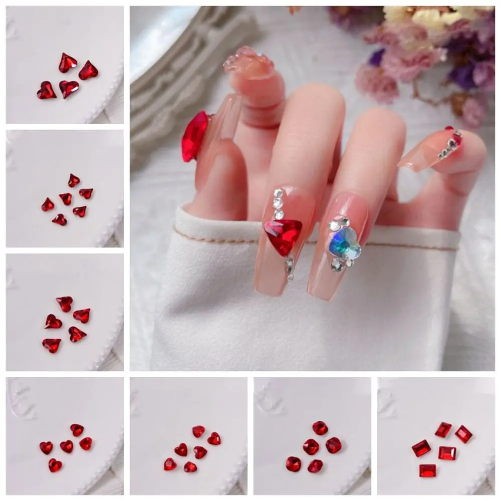 10 Pcs Shiny Red Crystal Nail Art Decorations Wine Red Peach Heart Jewelry Nail Charms Pointed Bottom V Crooked Heart