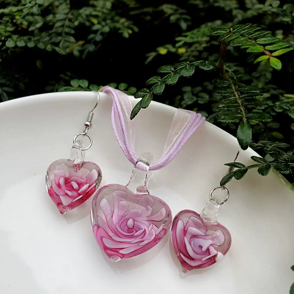 5Set Fashion Pink Flower Glass Muran Crystal Heart Pendant Necklace Women Floral Love Shape Lampwork Cheap Item Jewelry Gift