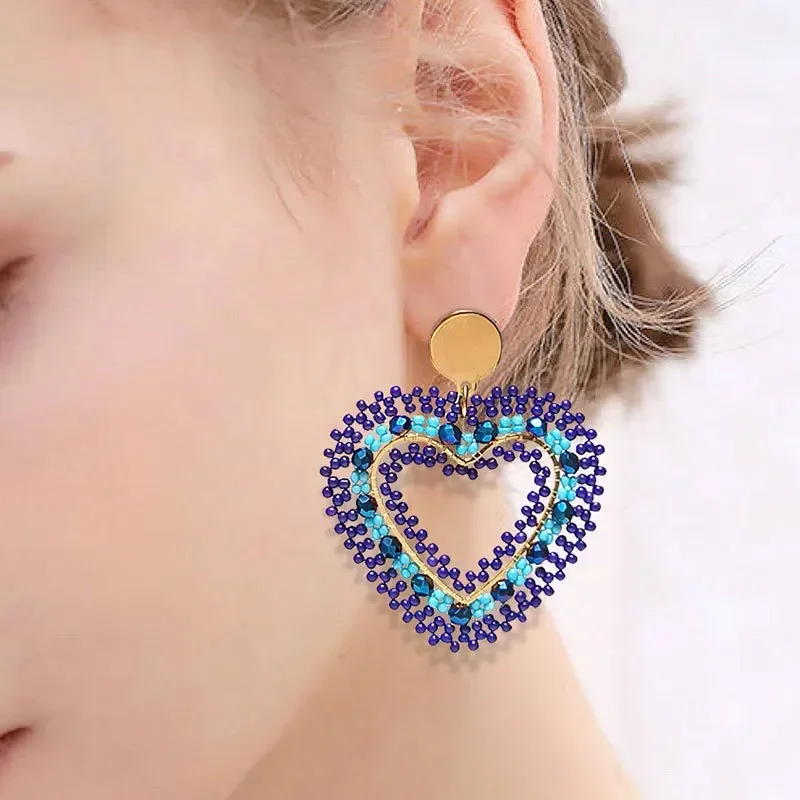 Bohemia Rice bead earrings Heart Versatile Blue Crystal Hand weaving Alloy  Original text Personality Female Beaded earrings