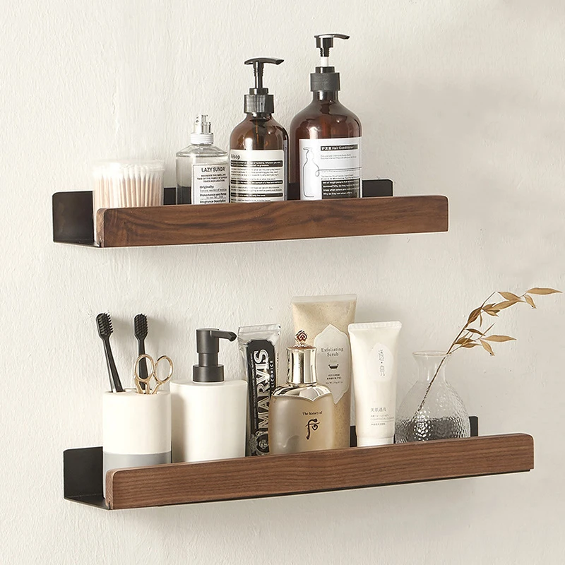 Bathroom Shelf Bath Storage Holder Walnut Towel Rack Black Square Bath Shower Shelf Bath Shampoo Holder Bathroom Hardware