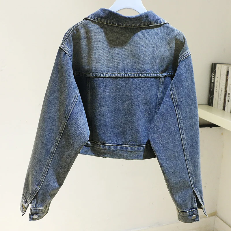 Spring Autumn Vintage Blue Big Pocket Long Sleeve Denim Jacket Women Cowboy Outerwear Korean Loose Student Jeans Jacket Female