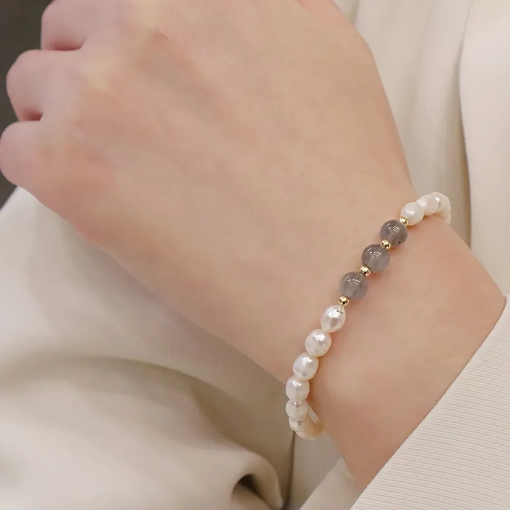 YWYC 6-7mm Rice Shape Freshwater Pearl Bracelet for Women 19.5cm/7.68inch Moonstone Crystal Bracelet Christmas New Year Gifts