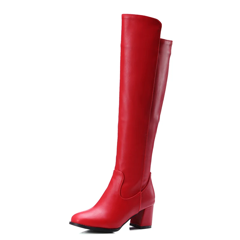 Petite Feet Women Knee High Boots PU Leather Autumn Winter Sexy Black Red White Round Toe High Chunky Heel Plus Size Boots 5-9