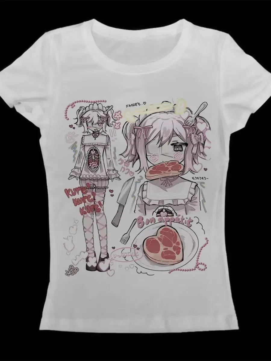 Yami Kawaii Anime Mädchen T-Shirt Damen Gothic Harajuku Bon Appetit Aufdruck Kurzarm T-Shirt Lässiges Sommer Damen Grafik-T-Shirt Top – Detail 7