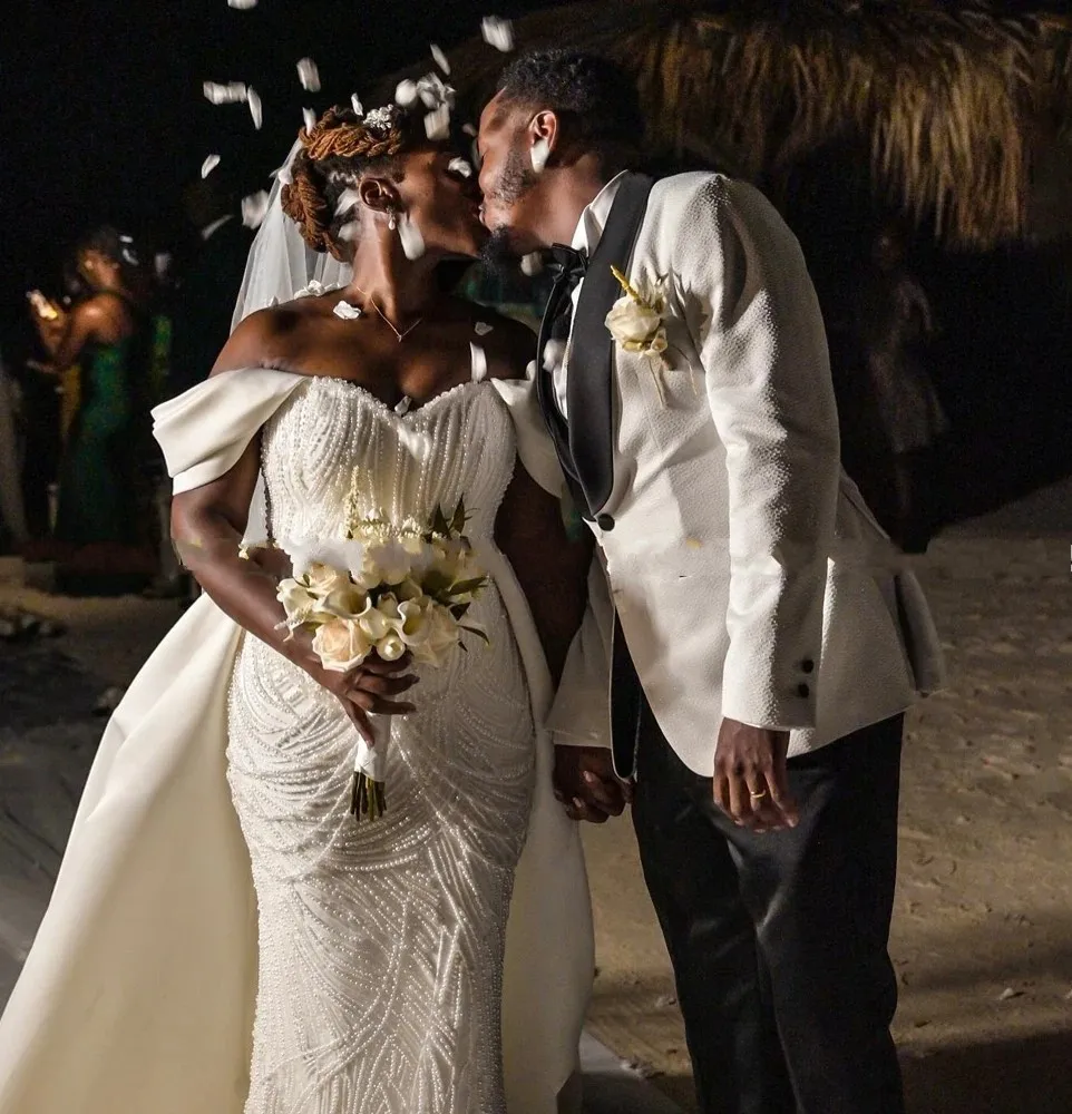 Luxury African Wedding Dresses Off Shoulder Beaded Sequins Mermaid Satin Bride Bridal Gowns Vestido De Novia