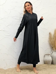 Costumi da bagno spaccati a maniche lunghe 2024 donna protezione solare nera costume da bagno musulmano a tre pezzi tinta unita elegante costume da bagno arabo