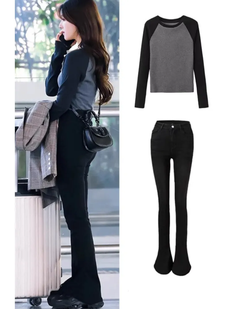 

High Waist Black Hoof Jeans Women's Spring Autumn Slimming Long Micro Flared Floor-Length Pants Ladies Denim Trousers