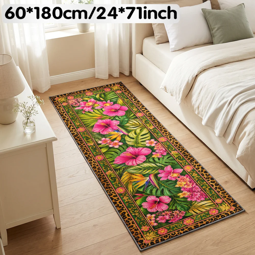 Vibrant Hibiscus Runner Rug Pink Leopard Border Flower Carpet For Kitchen Hallway Laundry Room Balcony Welcome Floor Mat New